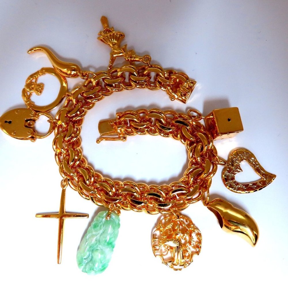 14kt 10 Charm Bracelet Fairy Horn Irish Lock Cross Jade Mary Slipper Heart Dice*
